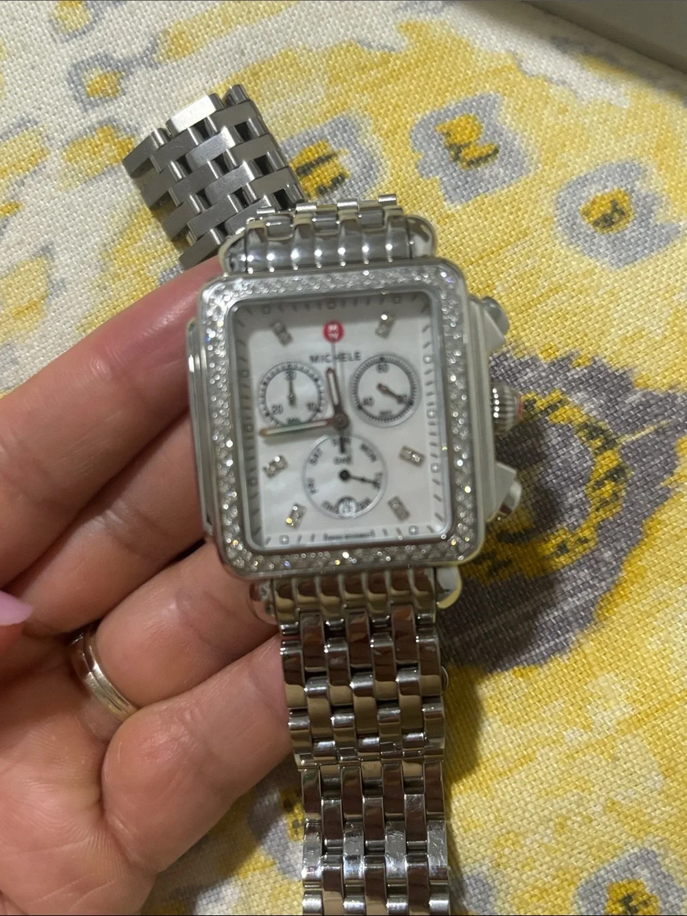 Michele Silver Stainless Steel Square Diamond-Trim Chronograph Watch